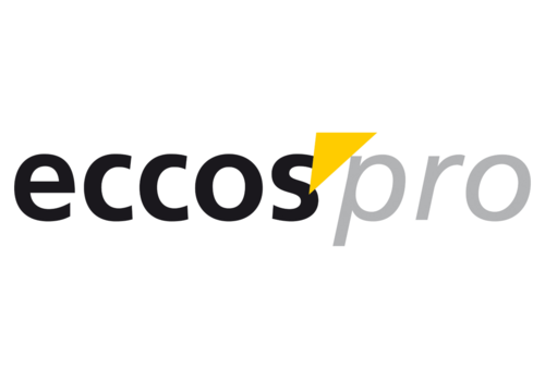 Ehemaliges Eccos Pro Logo. "eccos" klein in Fettbuchstaben, gelbes Dreieck nach links geöffnet, "pro" klein geschrieben und hellgrau