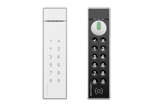2 Produktbilder LS Schlösser. Rechts Schwarz mit Drehknopf und PIN-Pad und links weiß mit PIN-Pad ohne Drehknopf