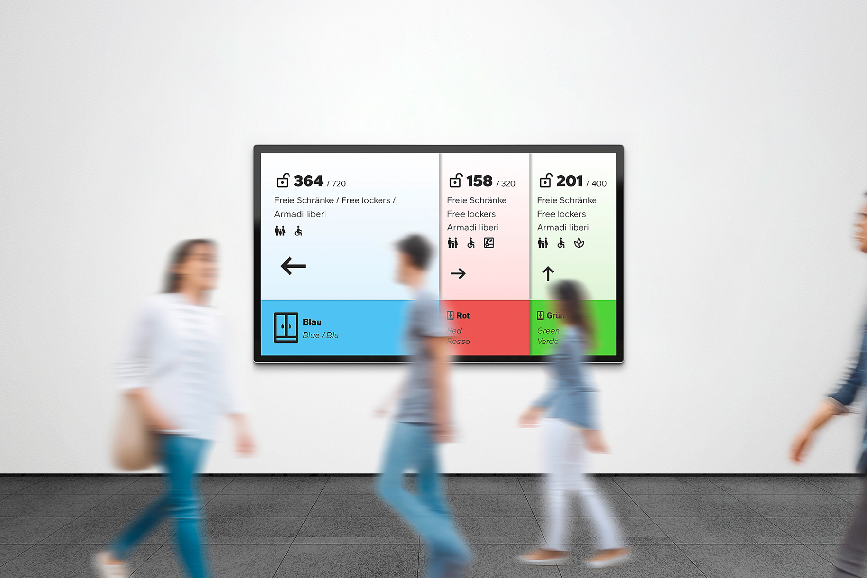 Current Lock Wireless Screendesign im Hintergrund, während Personen im Vordergrund daran vorbeilaufen.