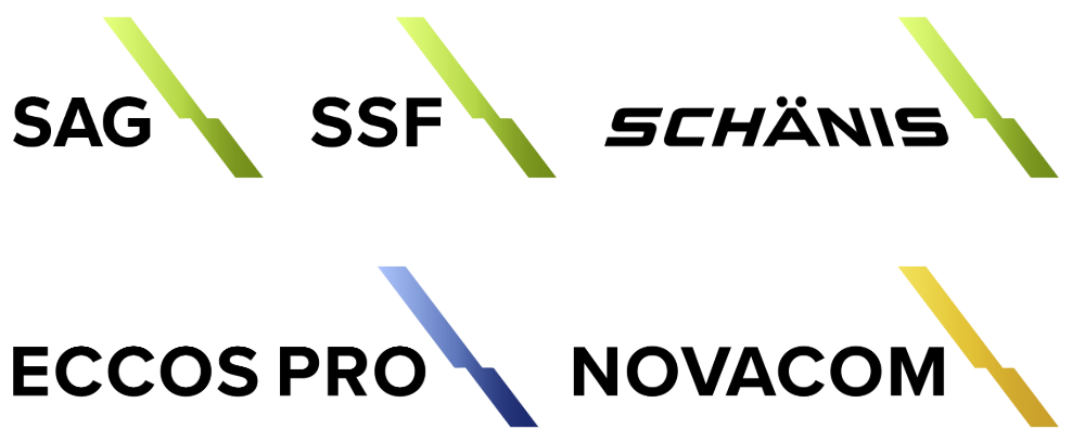 Logos der SAG-Gruppe, obere Reihe von links nach rechts SAG, SSF und Schänis, untere Reihe von links nach rechts Eccos Pro und Novacom