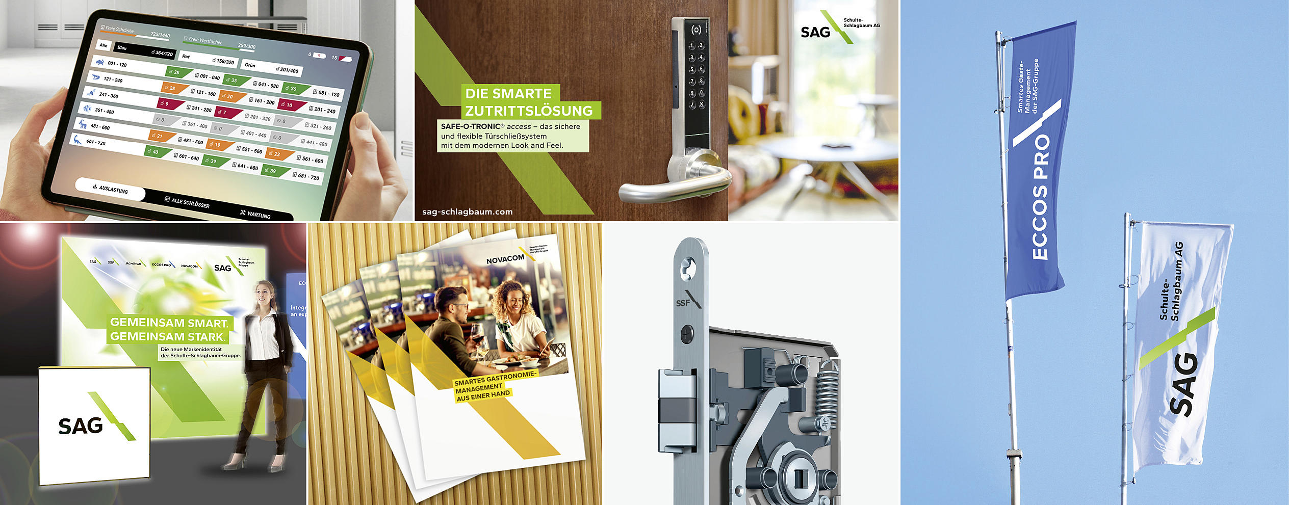 Fotocollage mit Produkten und Werbung für die SAG-Gruppe. SAG und Eccos Flagge, Novacom Flyer, CLW, Safe-O-Tronic DS Schlösser, Mechanisches Schloss