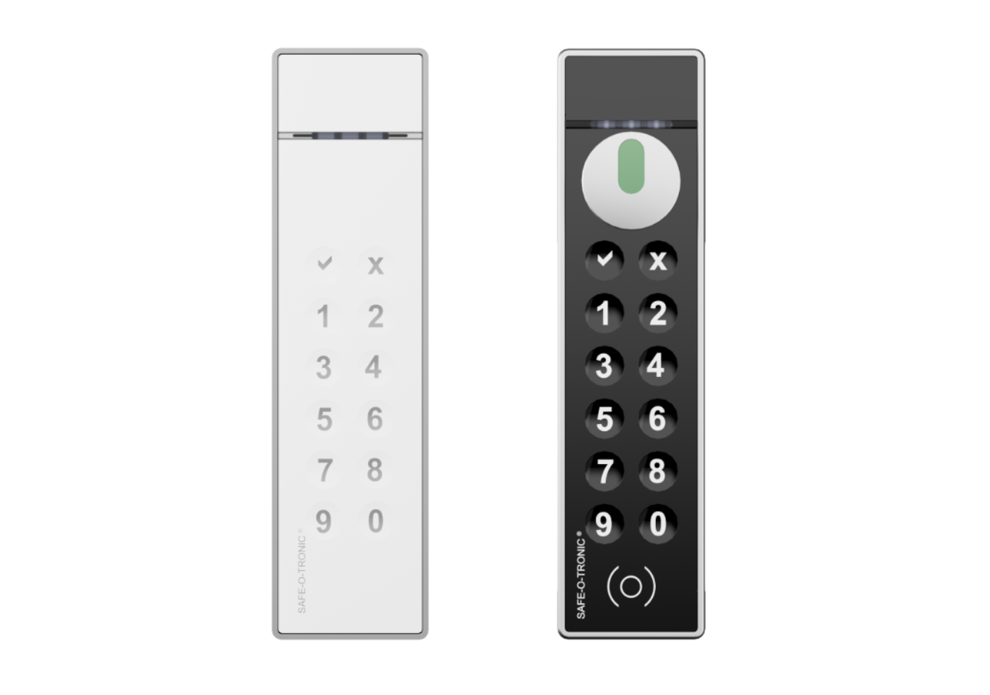 2 Produktbilder LS Schlösser. Rechts Schwarz mit Drehknopf und PIN-Pad und links weiß mit PIN-Pad ohne Drehknopf