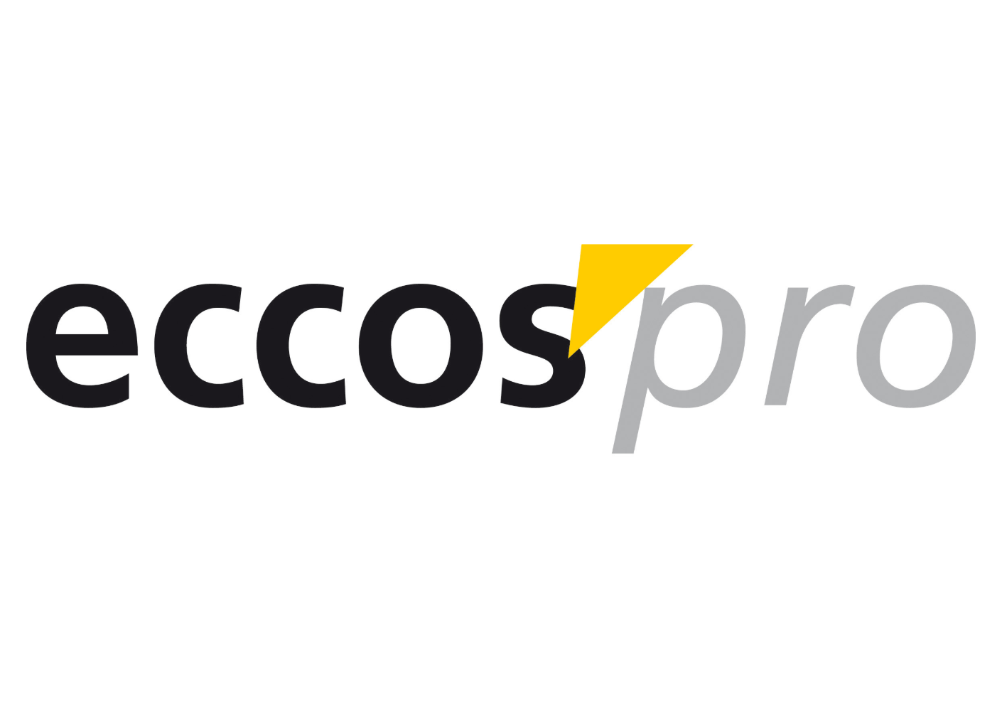 Ehemaliges Eccos Pro Logo. "eccos" klein in Fettbuchstaben, gelbes Dreieck nach links geöffnet, "pro" klein geschrieben und hellgrau