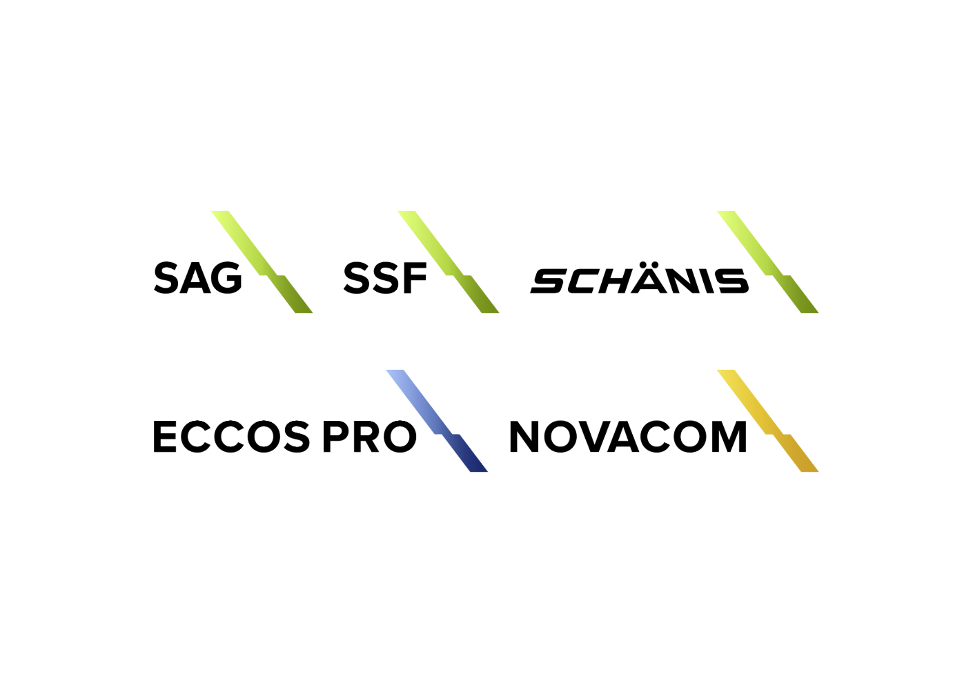 Logos der SAG-Gruppe, obere Reihe von links nach rechts SAG, SSF und Schänis, untere Reihe von links nach rechts Eccos Pro und Novacom