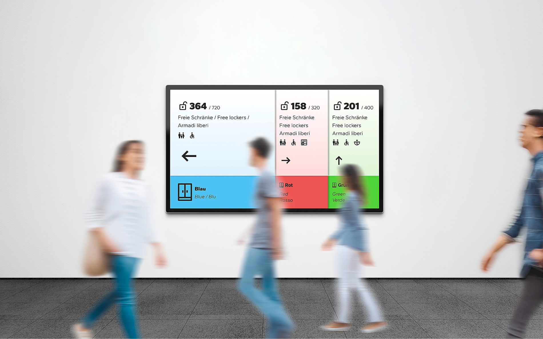 Current Lock Wireless Screendesign im Hintergrund, während Personen im Vordergrund daran vorbeilaufen.